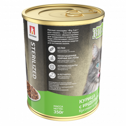 БигКэт Sterilized. С кур. и инд. ж/б 350гр Кусочки в желе